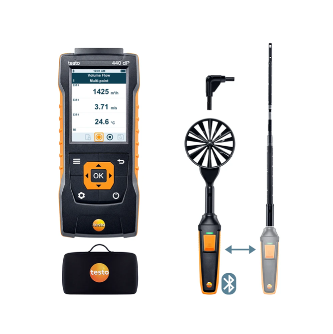 Testo 440 dP Air Velocity and IAQ Measuring Instrument with differential pressure sensor and digital vane probe, ø 3.9" - Anaum Corporation
