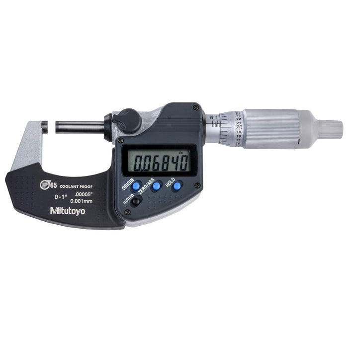 Mitutoyo 293-344-30 IP65 Coolant Proof Micrometer with Ratchet Thimble (0~1″/25.4mm)