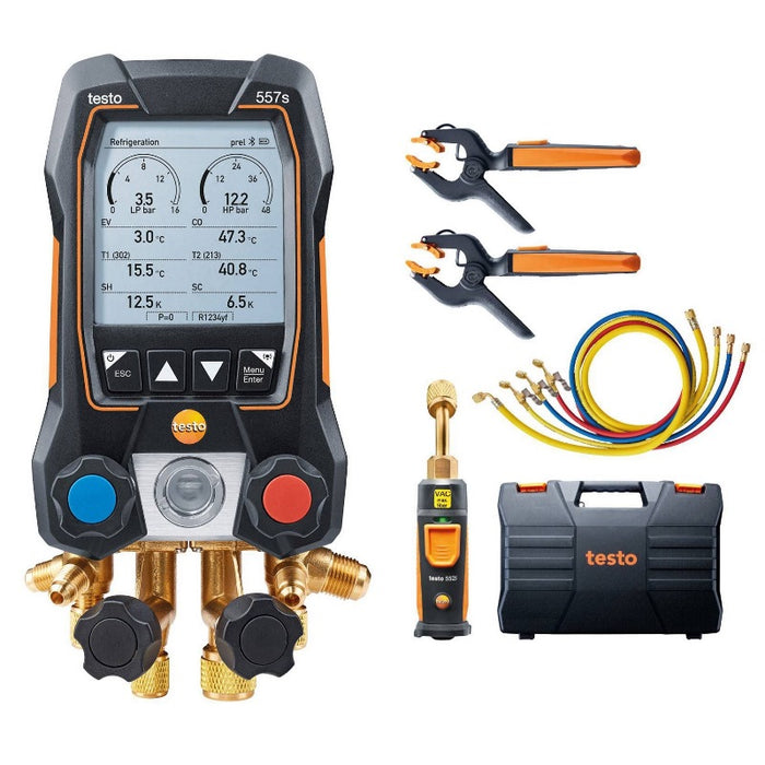 Testo 557s Smart Digital Manifold With Wireless Vacuum, Clamp Temperature Probes, And Hose Filling Set With 4 Hoses